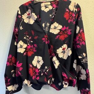 a new day Black Floral Wrap Blouse with Pink and Cream Blossoms